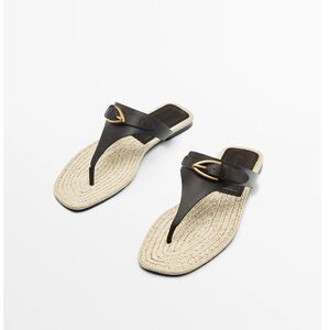 Massimo Dutti Brown Leather Thong Sandals with Natural Raffia Footbed